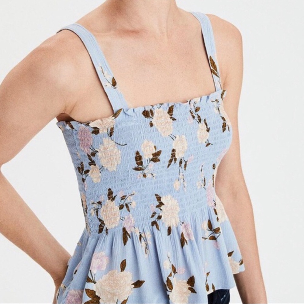 American Eagle Floral Print Smocked Peplum Tank Top. Blue, size small